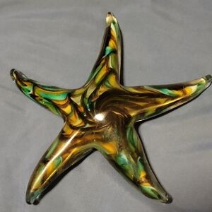 Handblown Glass Starfish Sculpture in Teal and Gold